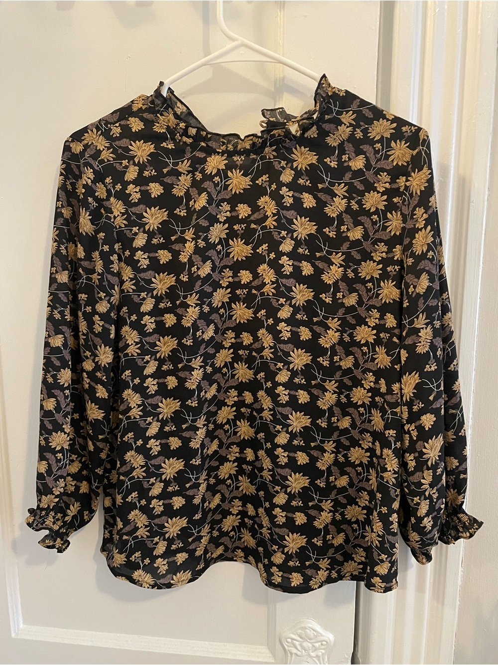 Black Floral Ruffle Neck Blouse